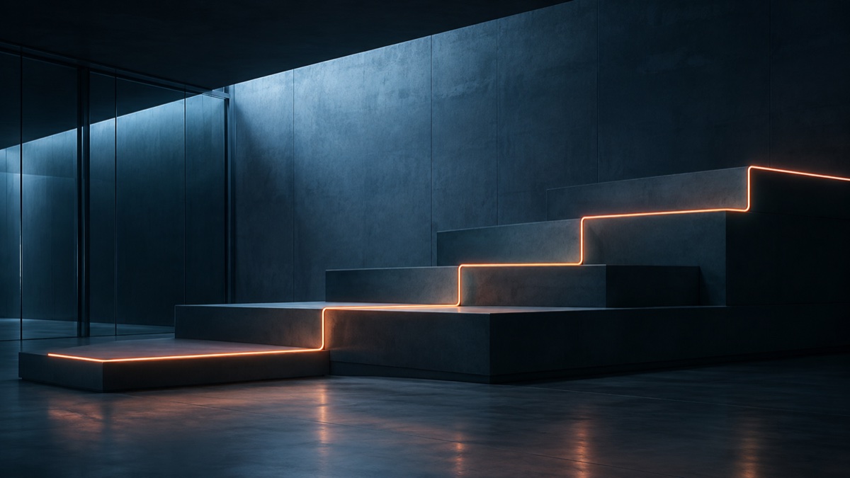 Escalier de béton éclairé d'un filet orangé